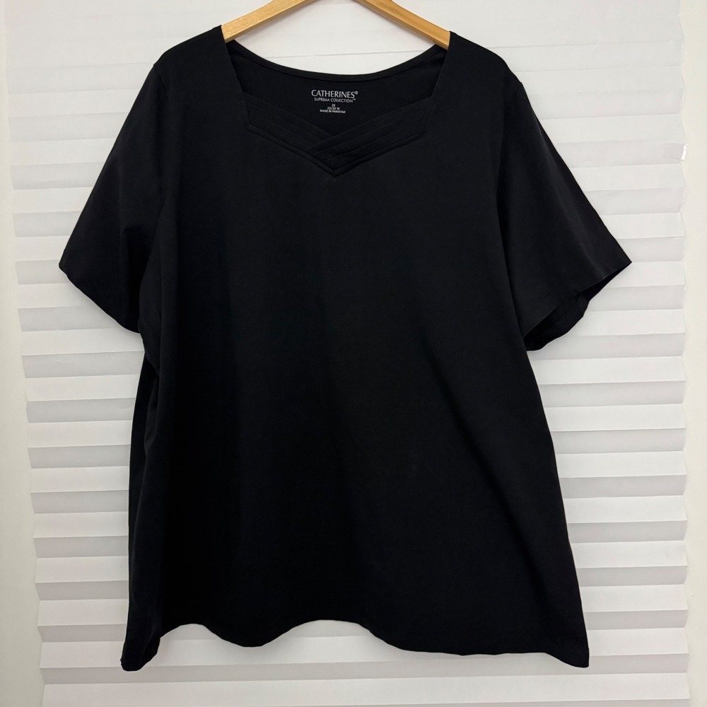 Catherines Suprema Collection Black V-Neck Pleated Short Sleeve‎ Top 2X 22/24W